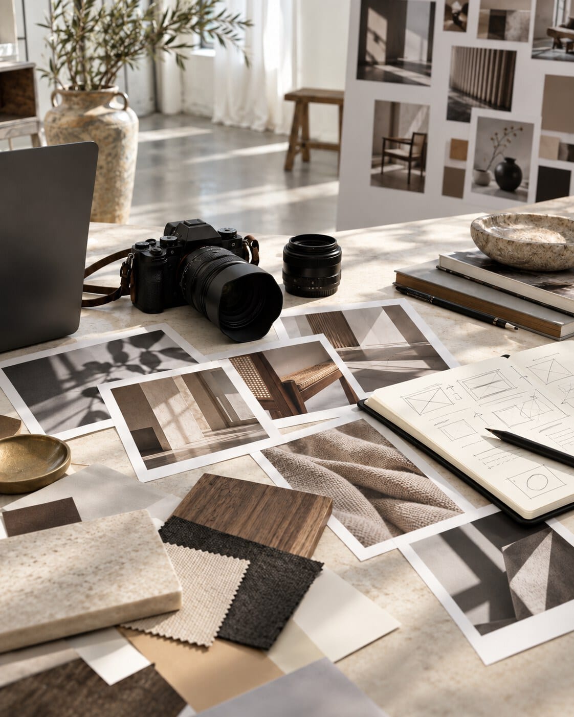 A creative director's desk with a camera, printed reference images, material swatches and a sketchbook