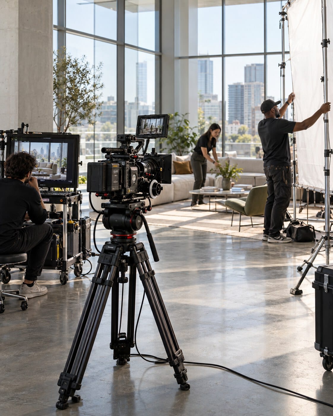 A cinema camera on a tripod in a daylight commercial space, crew adjusting a diffusion frame